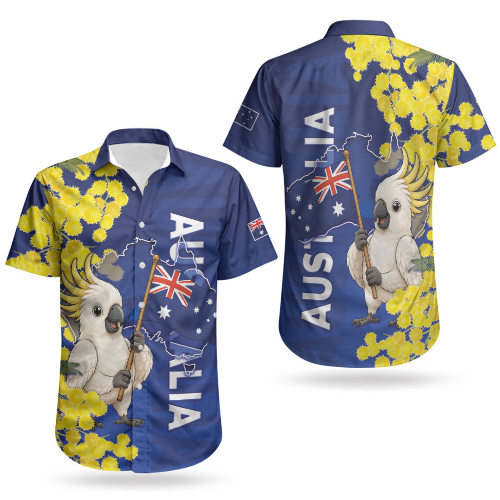 Australia Cockatoo Couples Matching Off The Shoulder Long Sleeve Dress and Hawaiian Shirt Aussie Flag With Golden Wattle