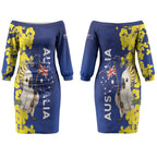 Australia Cockatoo Couples Matching Off The Shoulder Long Sleeve Dress and Hawaiian Shirt Aussie Flag With Golden Wattle