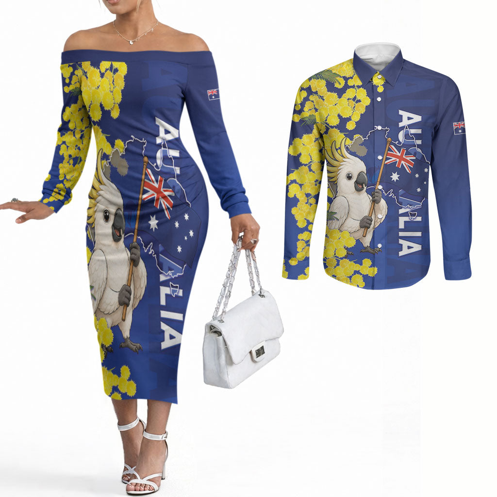 Australia Cockatoo Couples Matching Off The Shoulder Long Sleeve Dress and Long Sleeve Button Shirt Aussie Flag With Golden Wattle