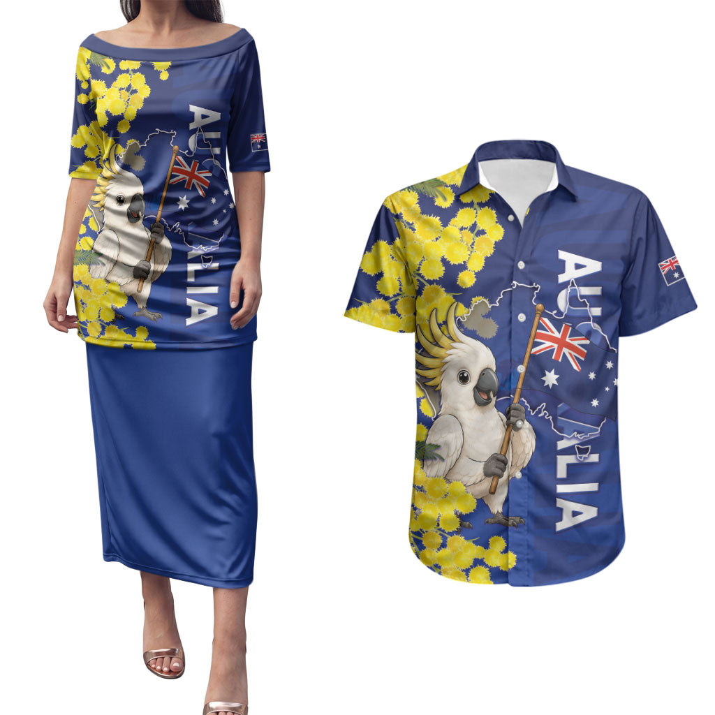 Australia Cockatoo Couples Matching Puletasi and Hawaiian Shirt Aussie Flag With Golden Wattle