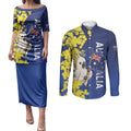 Australia Cockatoo Couples Matching Puletasi and Long Sleeve Button Shirt Aussie Flag With Golden Wattle