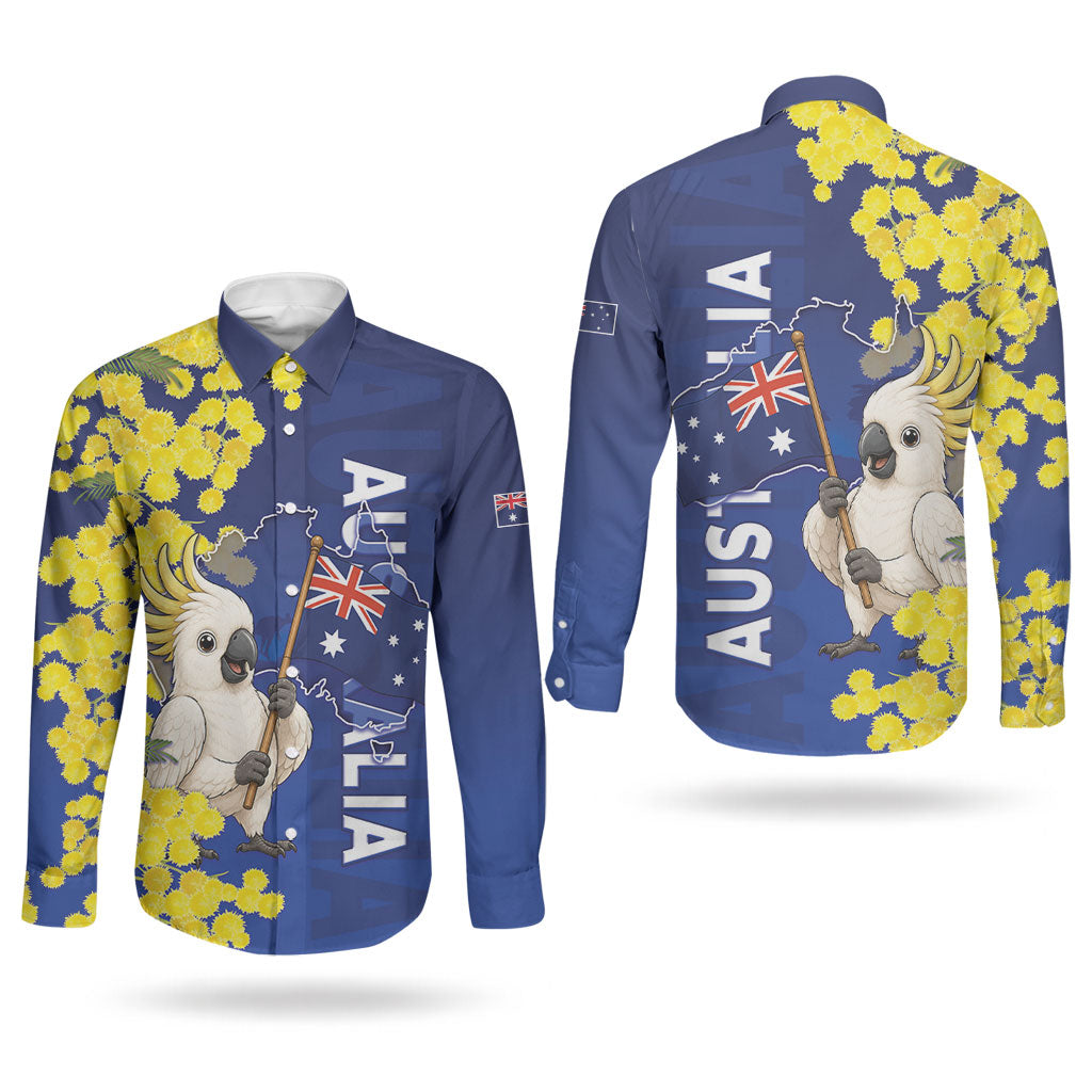 Australia Cockatoo Couples Matching Puletasi and Long Sleeve Button Shirt Aussie Flag With Golden Wattle