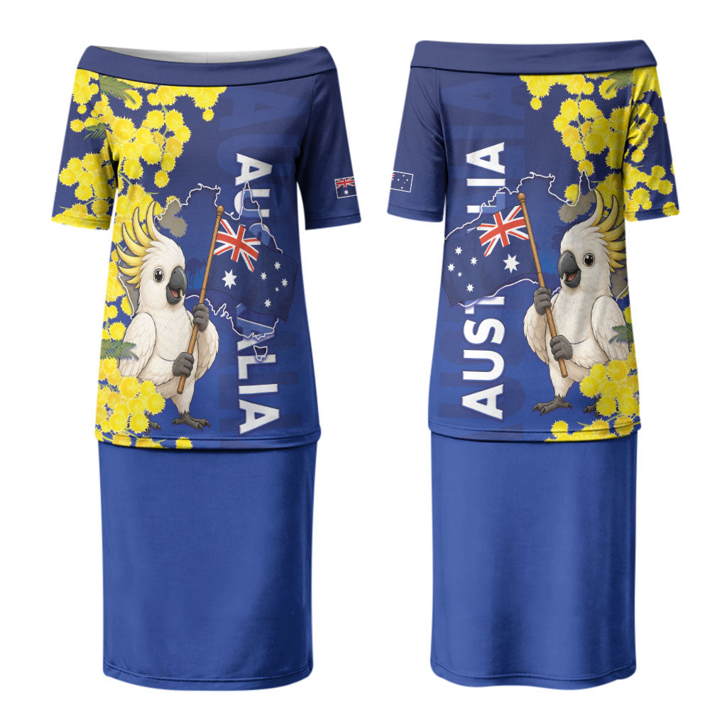 Australia Cockatoo Couples Matching Puletasi and Long Sleeve Button Shirt Aussie Flag With Golden Wattle