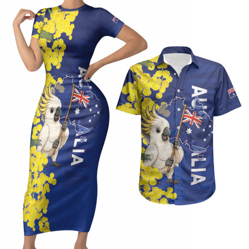 Australia Cockatoo Couples Matching Short Sleeve Bodycon Dress and Hawaiian Shirt Aussie Flag With Golden Wattle