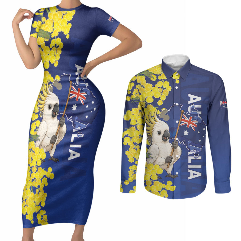Australia Cockatoo Couples Matching Short Sleeve Bodycon Dress and Long Sleeve Button Shirt Aussie Flag With Golden Wattle