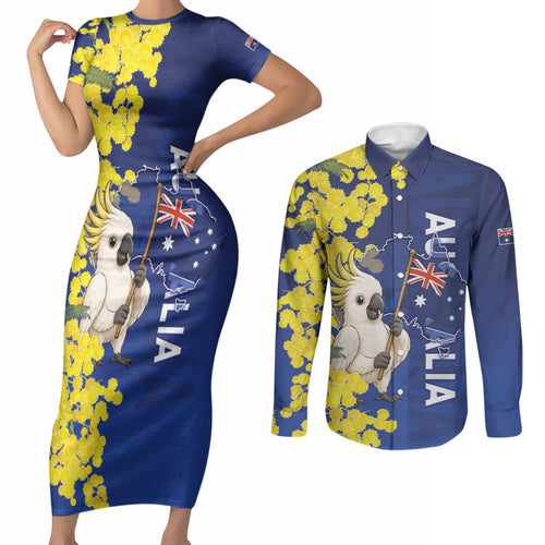 Australia Cockatoo Couples Matching Short Sleeve Bodycon Dress and Long Sleeve Button Shirt Aussie Flag With Golden Wattle