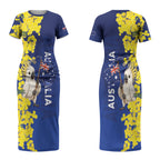 Australia Cockatoo Couples Matching Short Sleeve Bodycon Dress and Long Sleeve Button Shirt Aussie Flag With Golden Wattle