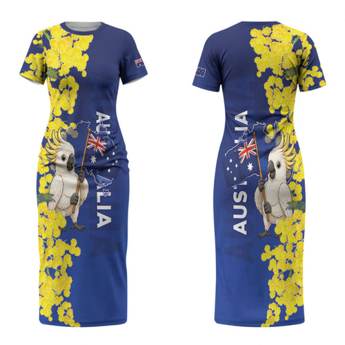 Australia Cockatoo Couples Matching Short Sleeve Bodycon Dress and Long Sleeve Button Shirt Aussie Flag With Golden Wattle