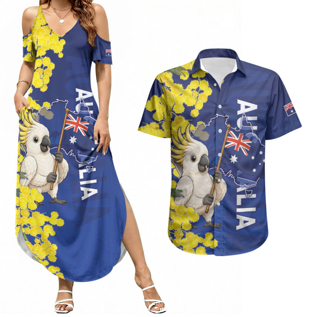 Australia Cockatoo Couples Matching Summer Maxi Dress and Hawaiian Shirt Aussie Flag With Golden Wattle