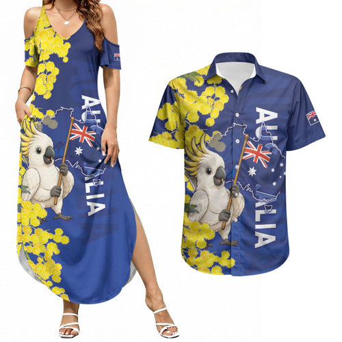 Australia Cockatoo Couples Matching Summer Maxi Dress and Hawaiian Shirt Aussie Flag With Golden Wattle