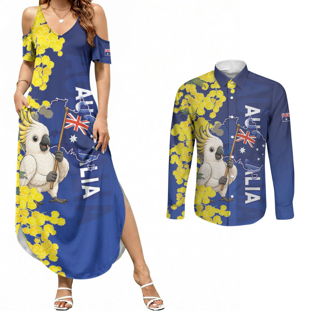 Australia Cockatoo Couples Matching Summer Maxi Dress and Long Sleeve Button Shirt Aussie Flag With Golden Wattle