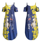 Australia Cockatoo Couples Matching Summer Maxi Dress and Long Sleeve Button Shirt Aussie Flag With Golden Wattle