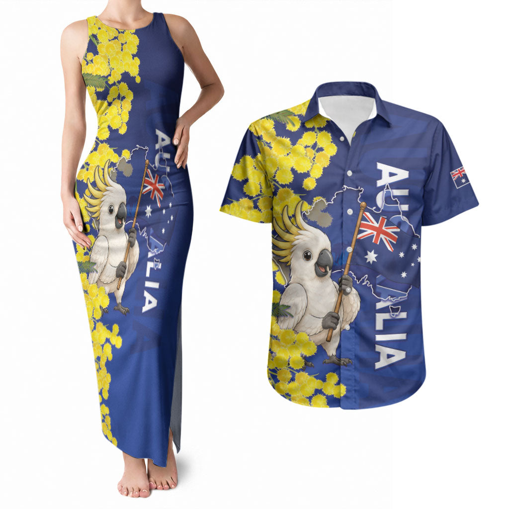 Australia Cockatoo Couples Matching Tank Maxi Dress and Hawaiian Shirt Aussie Flag With Golden Wattle