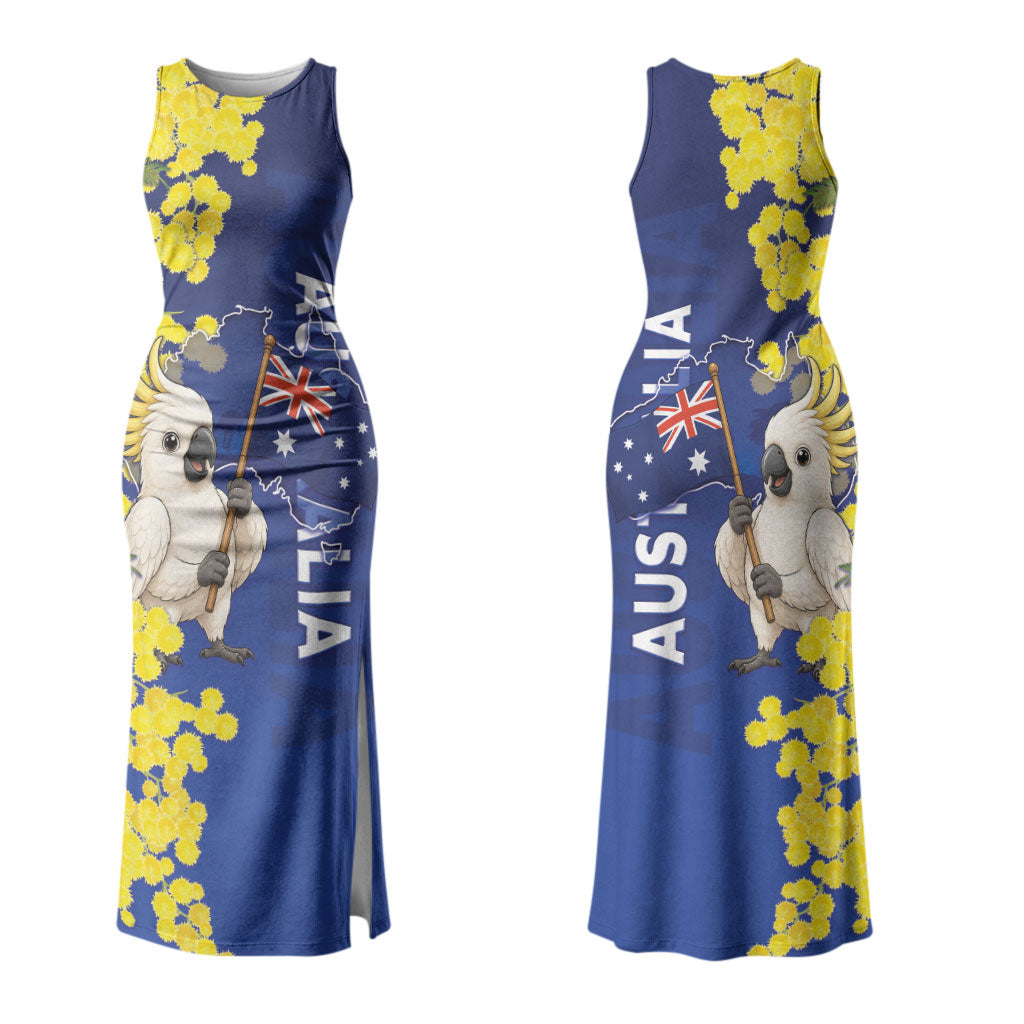 Australia Cockatoo Couples Matching Tank Maxi Dress and Hawaiian Shirt Aussie Flag With Golden Wattle