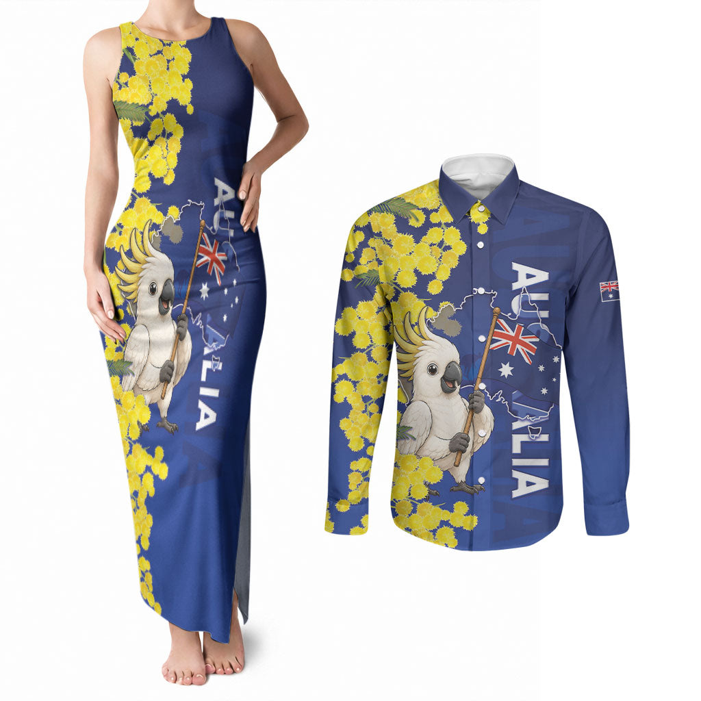 Australia Cockatoo Couples Matching Tank Maxi Dress and Long Sleeve Button Shirt Aussie Flag With Golden Wattle