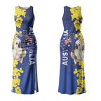 Australia Cockatoo Couples Matching Tank Maxi Dress and Long Sleeve Button Shirt Aussie Flag With Golden Wattle