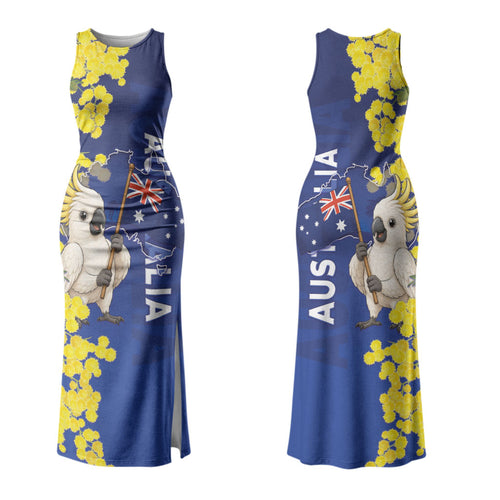 Australia Cockatoo Couples Matching Tank Maxi Dress and Long Sleeve Button Shirt Aussie Flag With Golden Wattle