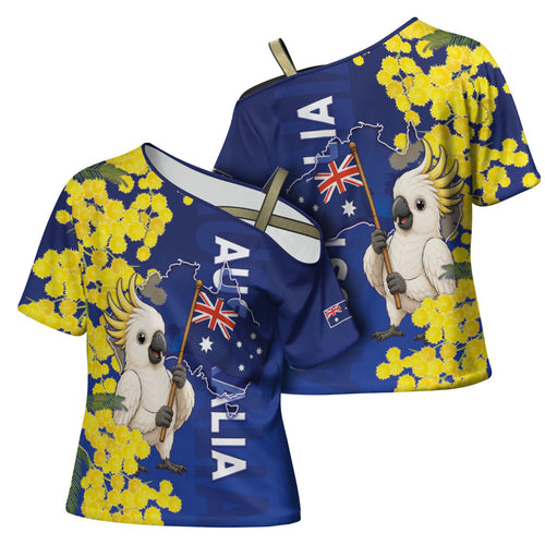 Australia Cockatoo Cross Shoulder Shirt Aussie Flag With Golden Wattle
