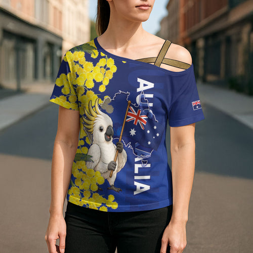 Australia Cockatoo Cross Shoulder Shirt Aussie Flag With Golden Wattle
