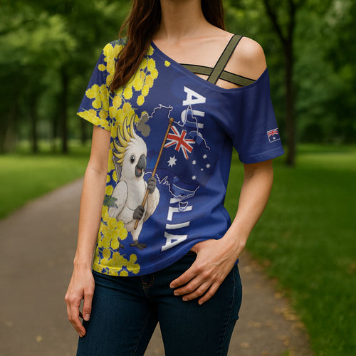 Australia Cockatoo Cross Shoulder Shirt Aussie Flag With Golden Wattle