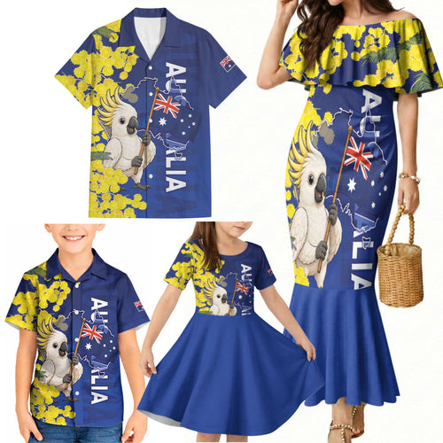 Australia Cockatoo Family Matching Mermaid Dress and Hawaiian Shirt Aussie Flag With Golden Wattle