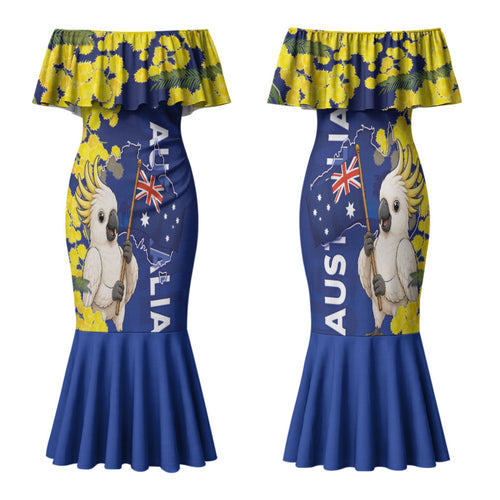 Australia Cockatoo Family Matching Mermaid Dress and Hawaiian Shirt Aussie Flag With Golden Wattle