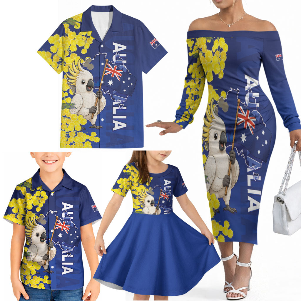 Australia Cockatoo Family Matching Off The Shoulder Long Sleeve Dress and Hawaiian Shirt Aussie Flag With Golden Wattle