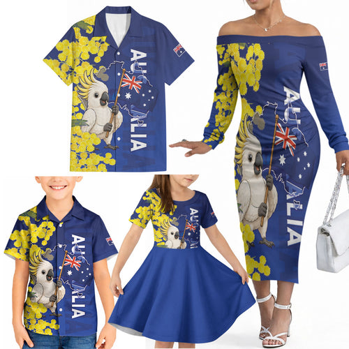 Australia Cockatoo Family Matching Off The Shoulder Long Sleeve Dress and Hawaiian Shirt Aussie Flag With Golden Wattle
