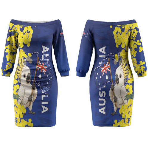 Australia Cockatoo Family Matching Off The Shoulder Long Sleeve Dress and Hawaiian Shirt Aussie Flag With Golden Wattle