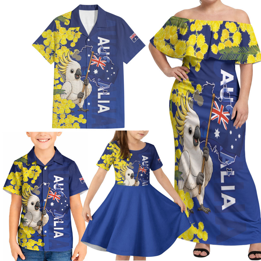 Australia Cockatoo Family Matching Off Shoulder Maxi Dress and Hawaiian Shirt Aussie Flag With Golden Wattle