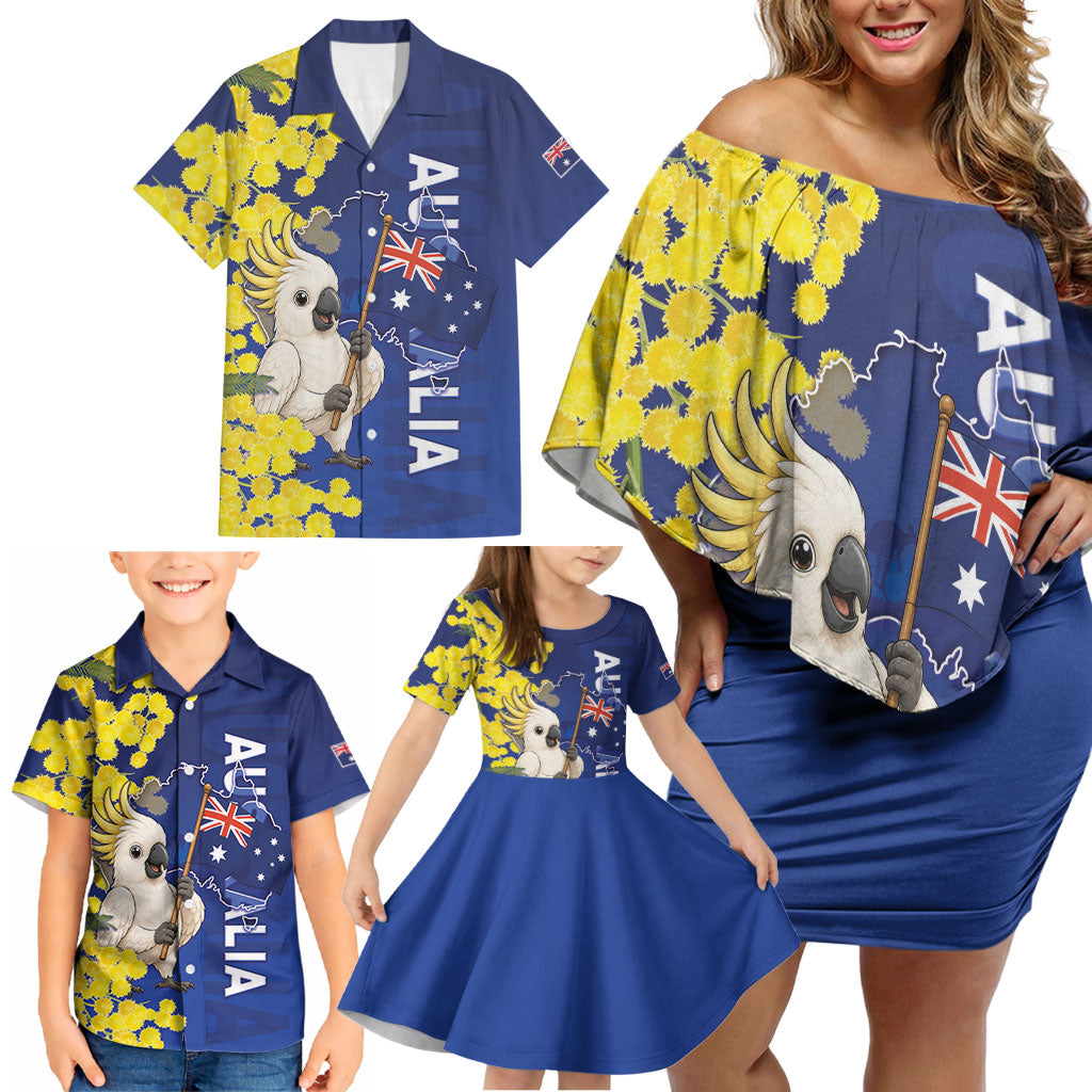 Australia Cockatoo Family Matching Off Shoulder Short Dress and Hawaiian Shirt Aussie Flag With Golden Wattle