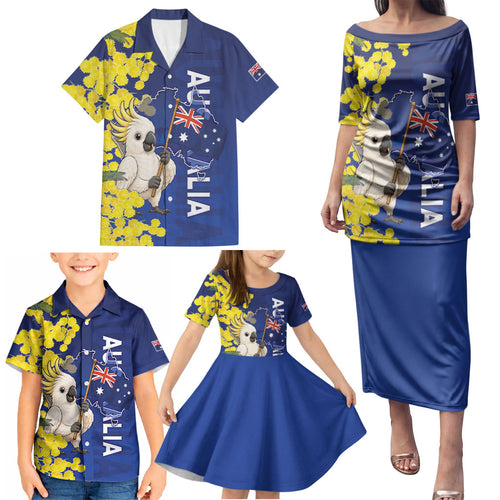 Australia Cockatoo Family Matching Puletasi and Hawaiian Shirt Aussie Flag With Golden Wattle
