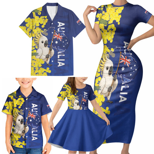 Australia Cockatoo Family Matching Short Sleeve Bodycon Dress and Hawaiian Shirt Aussie Flag With Golden Wattle