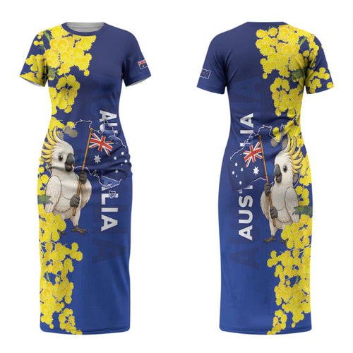 Australia Cockatoo Family Matching Short Sleeve Bodycon Dress and Hawaiian Shirt Aussie Flag With Golden Wattle