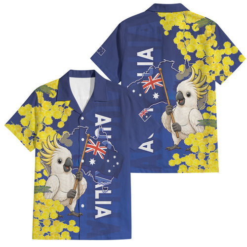 Australia Cockatoo Family Matching Short Sleeve Bodycon Dress and Hawaiian Shirt Aussie Flag With Golden Wattle