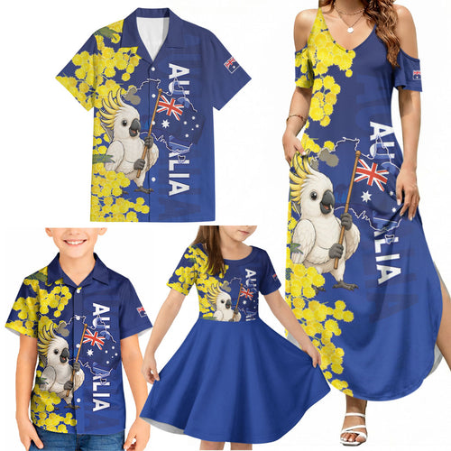 Australia Cockatoo Family Matching Summer Maxi Dress and Hawaiian Shirt Aussie Flag With Golden Wattle