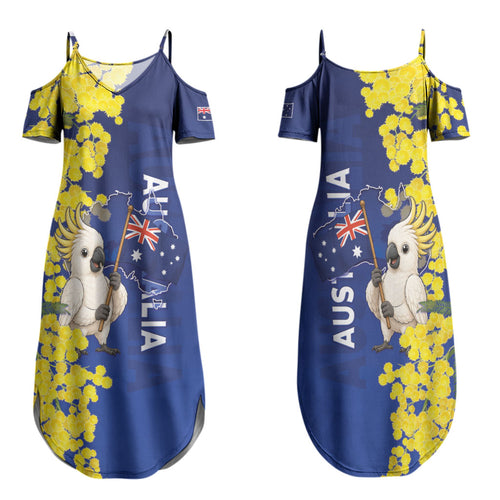 Australia Cockatoo Family Matching Summer Maxi Dress and Hawaiian Shirt Aussie Flag With Golden Wattle
