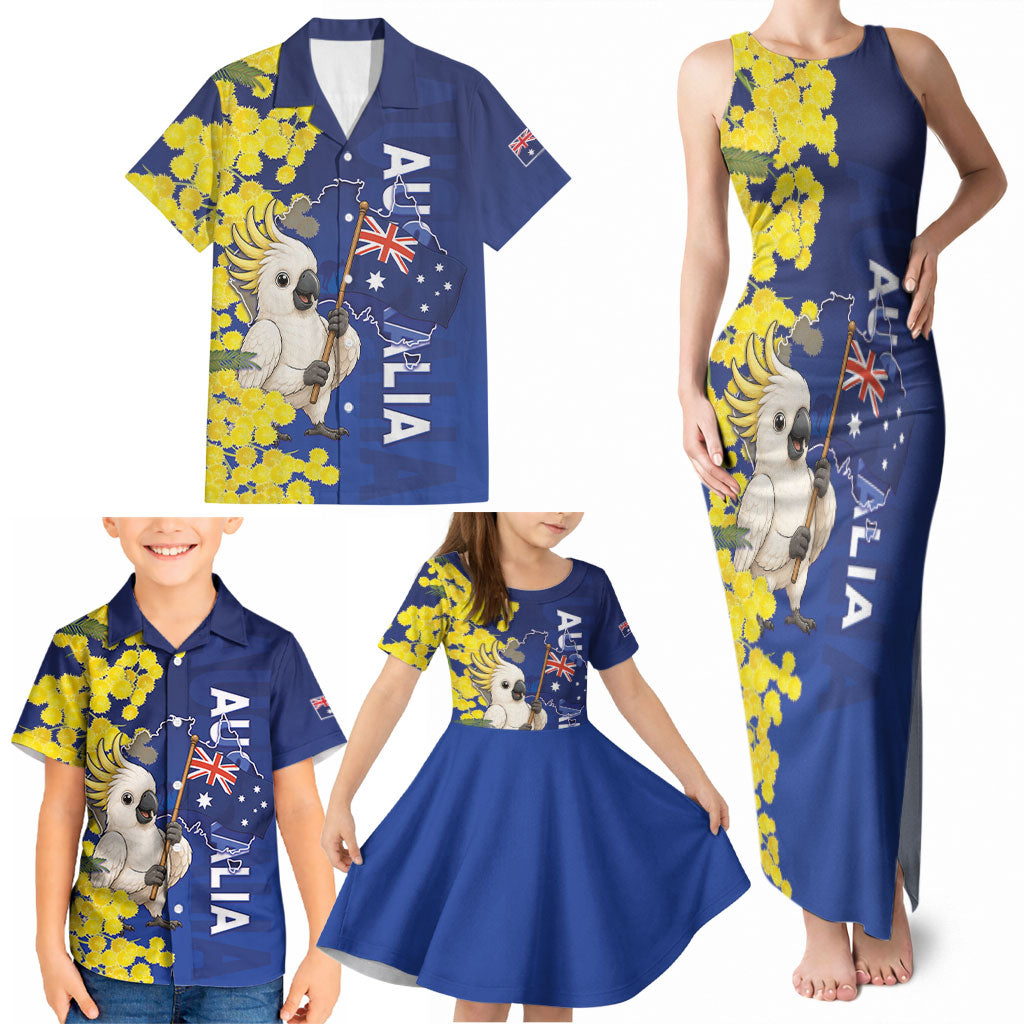 Australia Cockatoo Family Matching Tank Maxi Dress and Hawaiian Shirt Aussie Flag With Golden Wattle