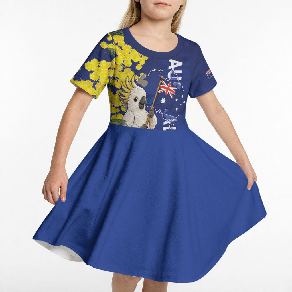 Australia Cockatoo Kid Short Sleeve Dress Aussie Flag With Golden Wattle