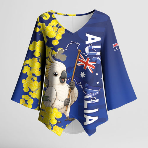 Australia Cockatoo Kimono Sleeve Blouse Aussie Flag With Golden Wattle