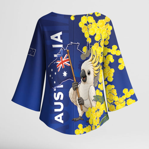 Australia Cockatoo Kimono Sleeve Blouse Aussie Flag With Golden Wattle