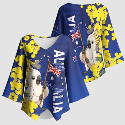 Australia Cockatoo Kimono Sleeve Blouse Aussie Flag With Golden Wattle
