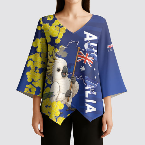 Australia Cockatoo Kimono Sleeve Blouse Aussie Flag With Golden Wattle