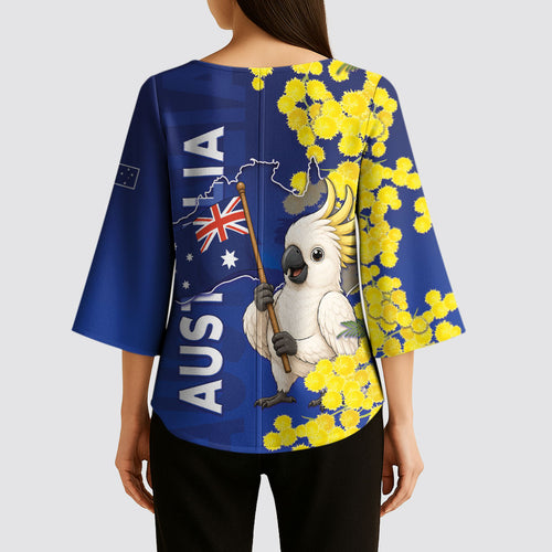 Australia Cockatoo Kimono Sleeve Blouse Aussie Flag With Golden Wattle