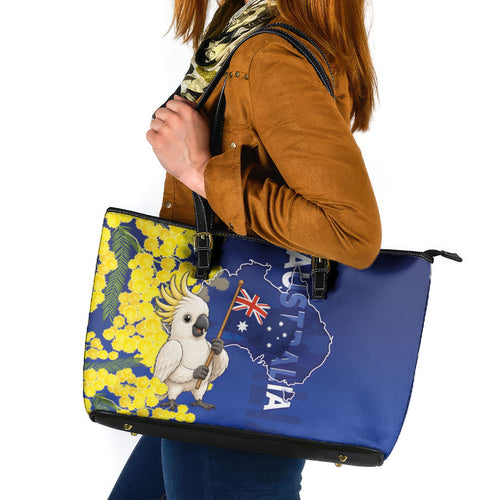 Australia Cockatoo Leather Tote Bag Aussie Flag With Golden Wattle