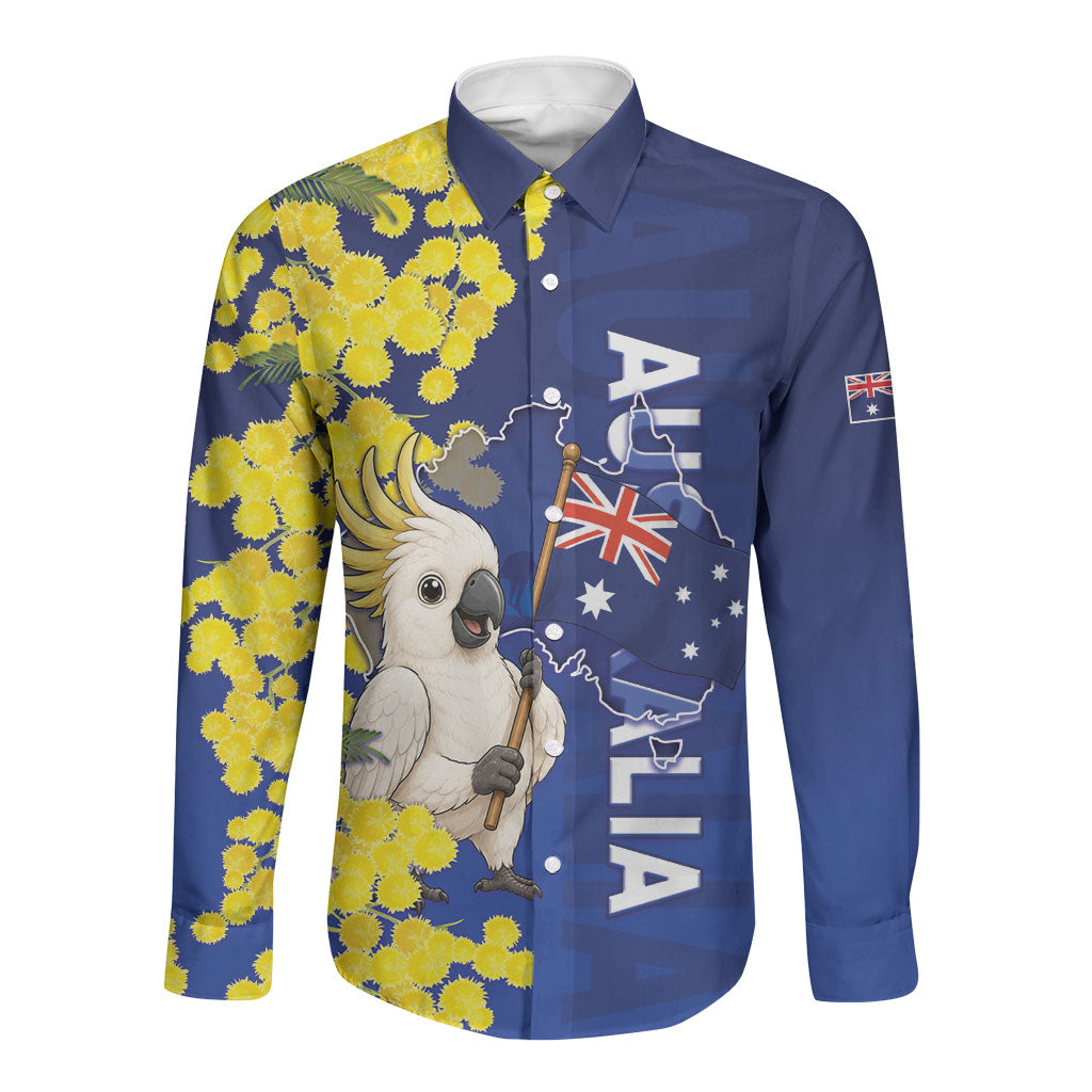 Australia Cockatoo Long Sleeve Button Shirt Aussie Flag With Golden Wattle