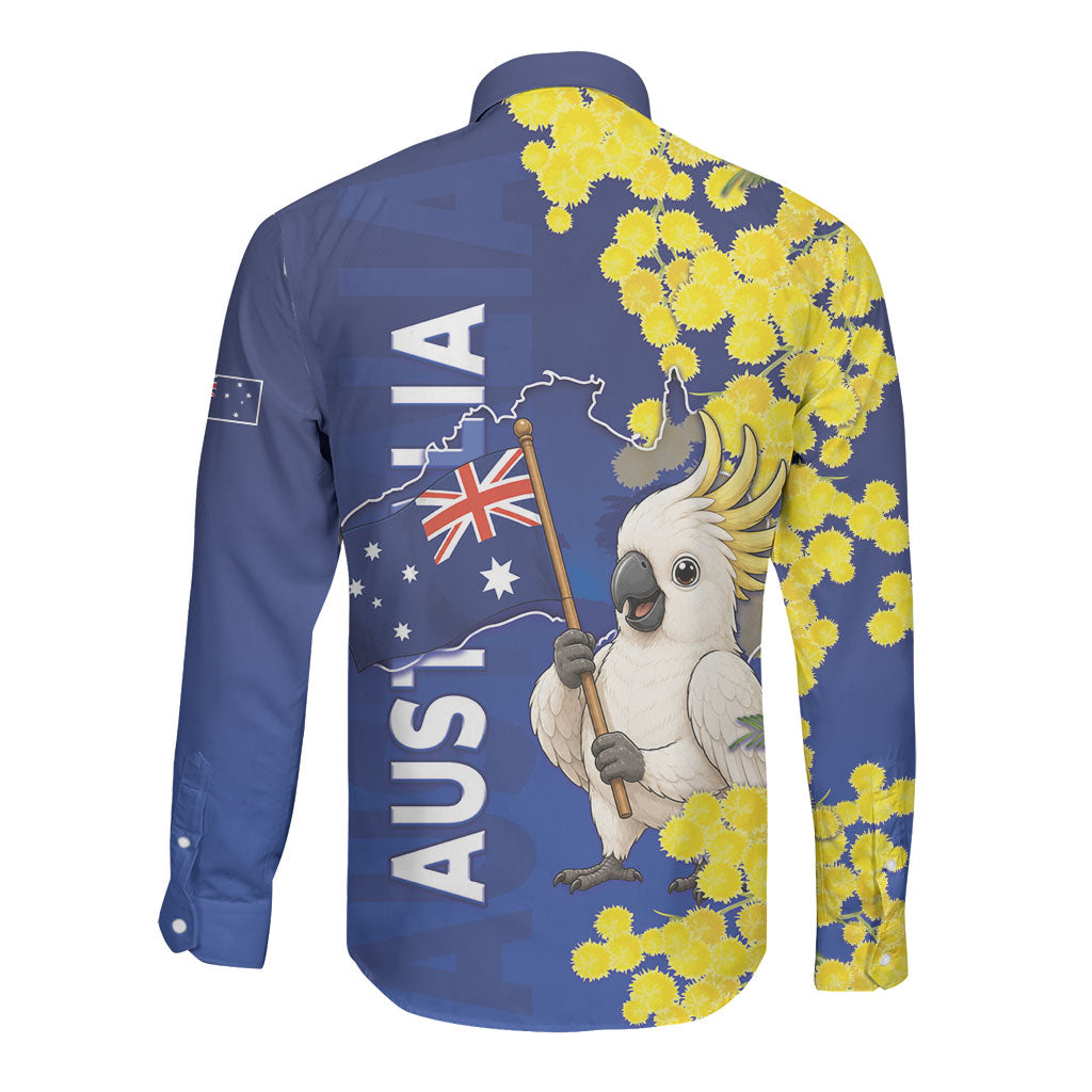 Australia Cockatoo Long Sleeve Button Shirt Aussie Flag With Golden Wattle