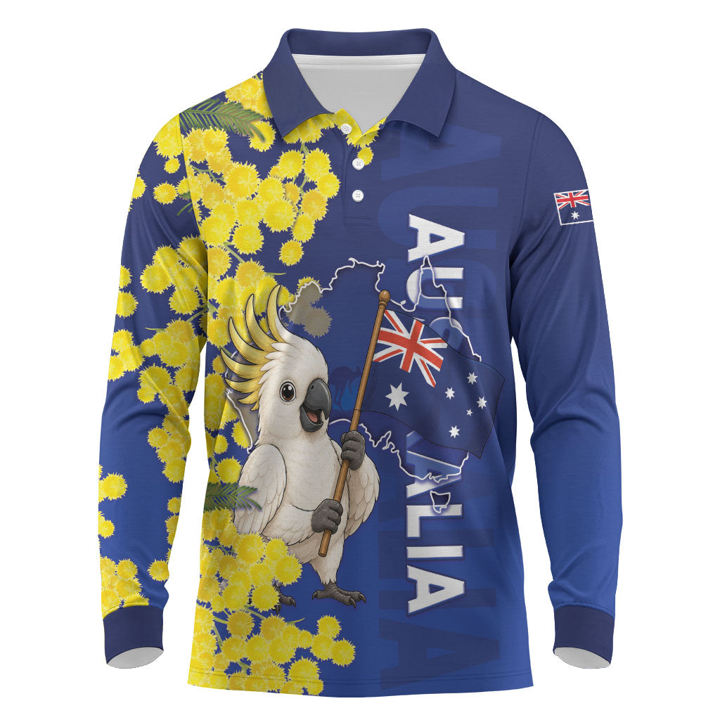 Australia Cockatoo Long Sleeve Polo Shirt Aussie Flag With Golden Wattle