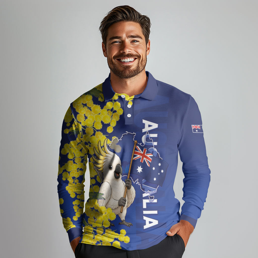 Australia Cockatoo Long Sleeve Polo Shirt Aussie Flag With Golden Wattle