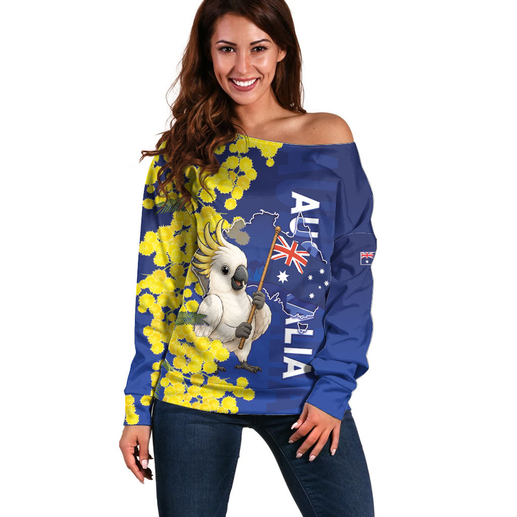 Australia Cockatoo Off Shoulder Sweater Aussie Flag With Golden Wattle